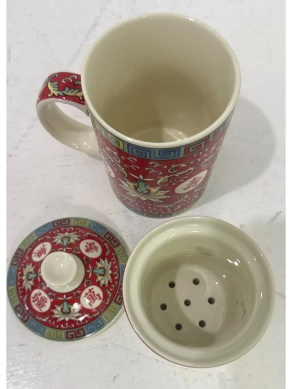 World Market Loose Tea Infuser Mug Ceramic 3 pcs Asian Oriental Red